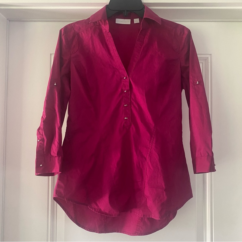 New York & Company Pink Button Down Shirt 3/4 Sleeve Fitted